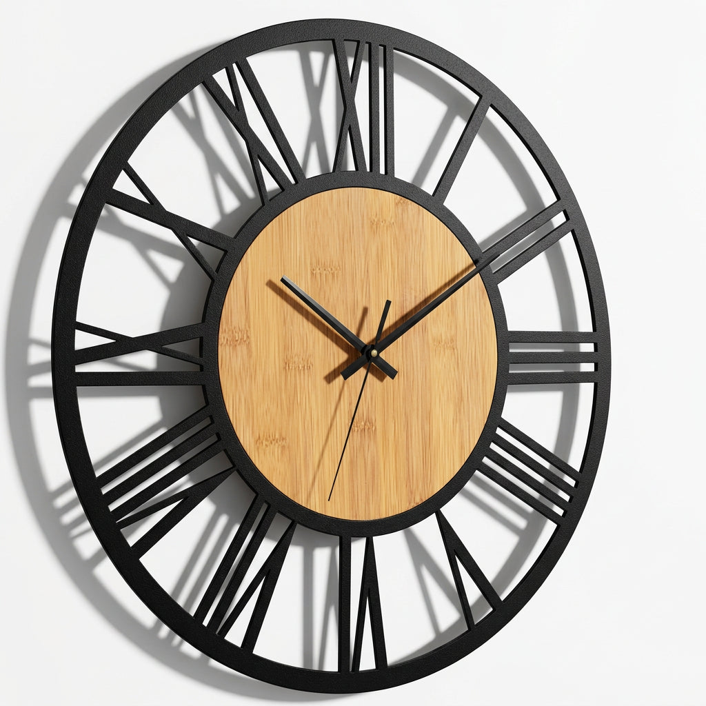 Grande Horloge Romaine Chiffres Romains Métal et Bois de Côté Horloge