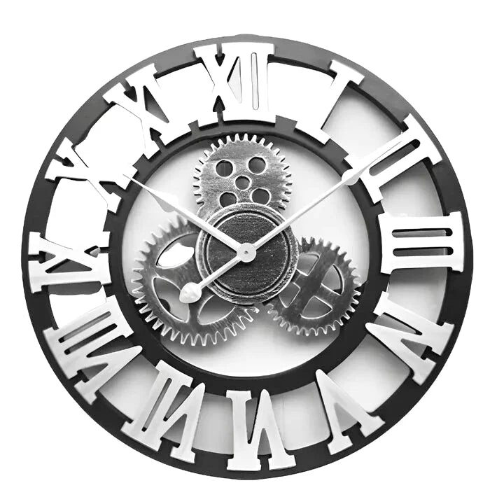 Sablier — Grande Horloge Murale Industrielle Chiffres Romains Engrenages de Côté Horloge
