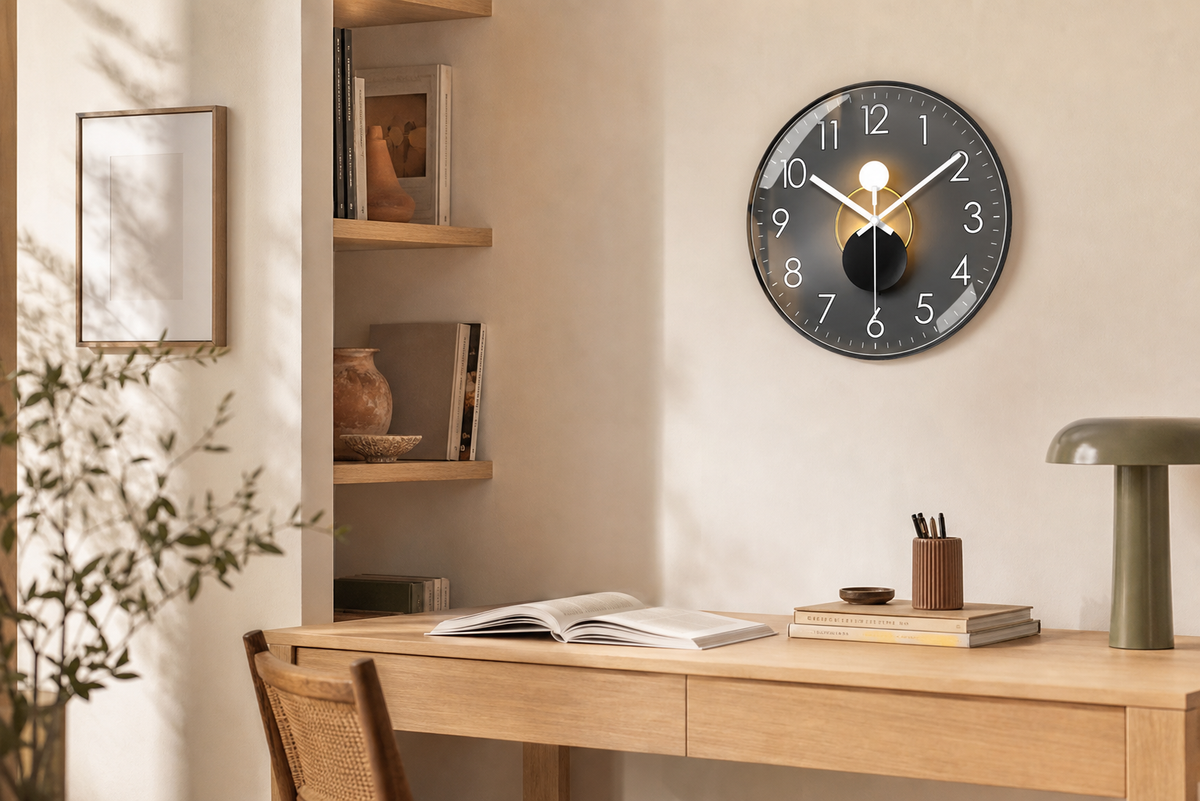 Horloge murale design Sélène en forme de lune, créée par Côté Horloge, avec un style moderne et élégant pour décoration intérieure.