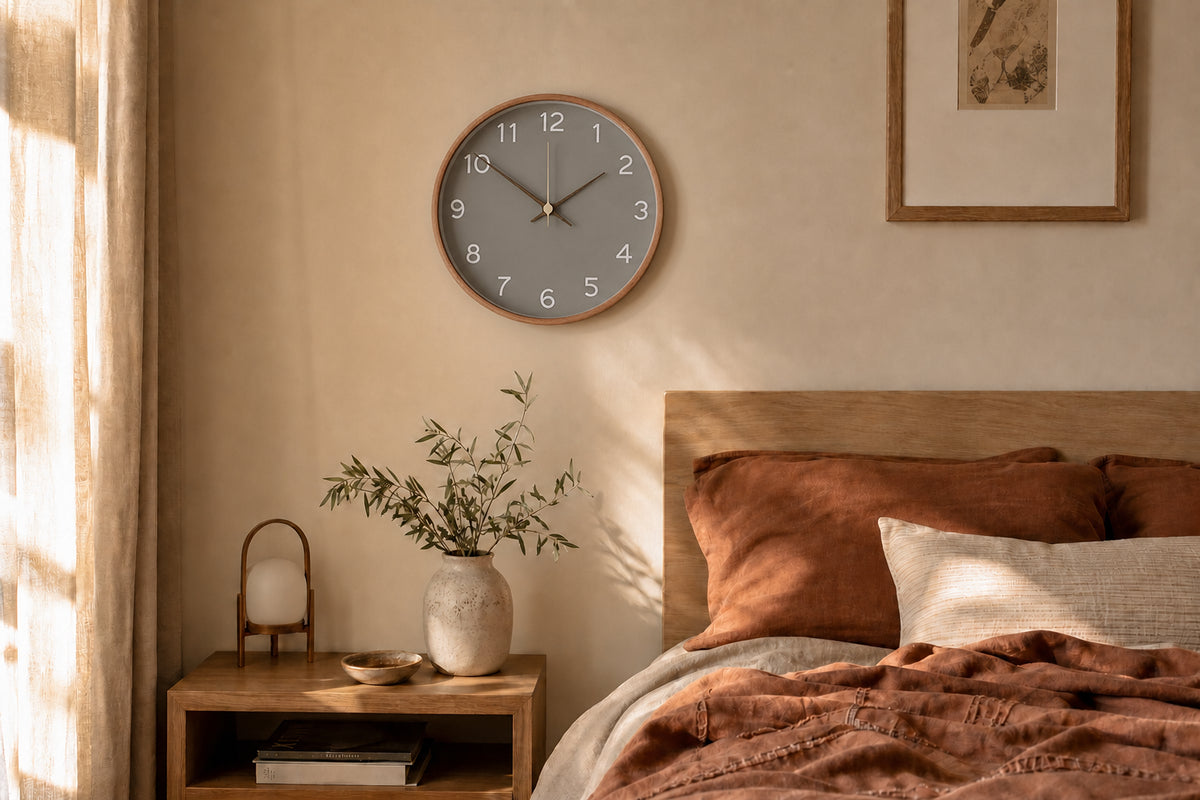 Horloge murale Sienne design taupe installée en chambre, Côté Horloge