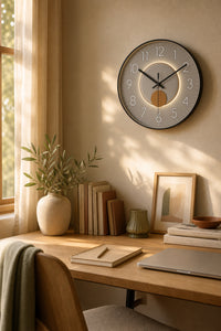 Horloge murale design clair Solaria de Côté Horloge, montre un cadran élégant avec chiffres modernes et style minimaliste.