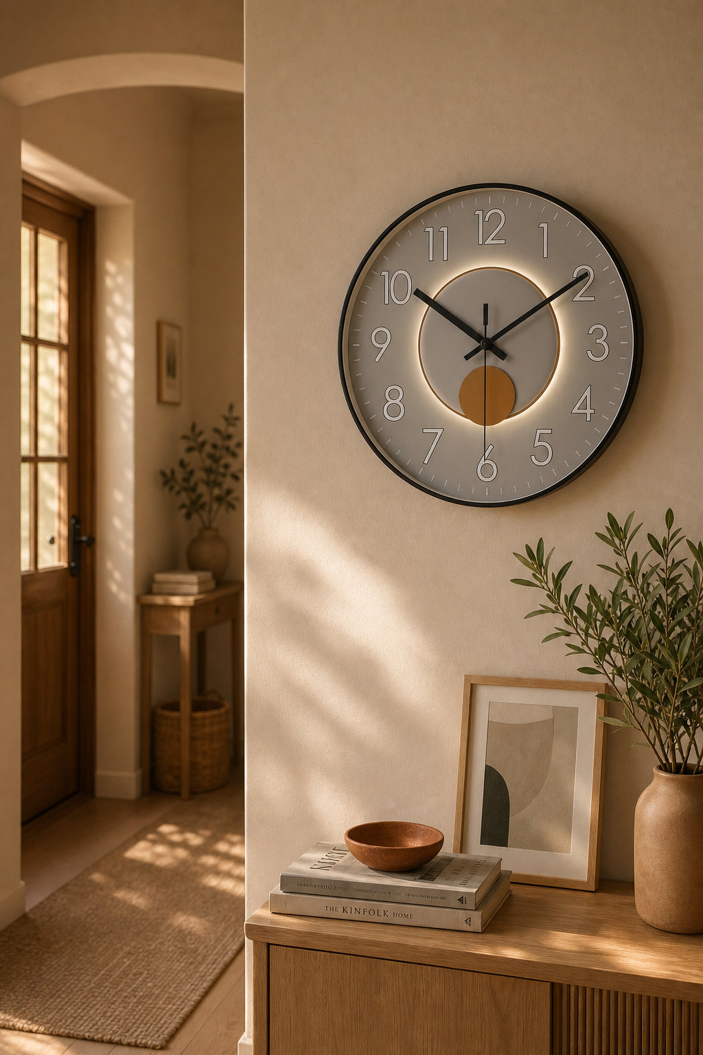 Horloge murale design clair Solaria de Côté Horloge, montre un cadran élégant avec chiffres modernes et aiguilles noires.