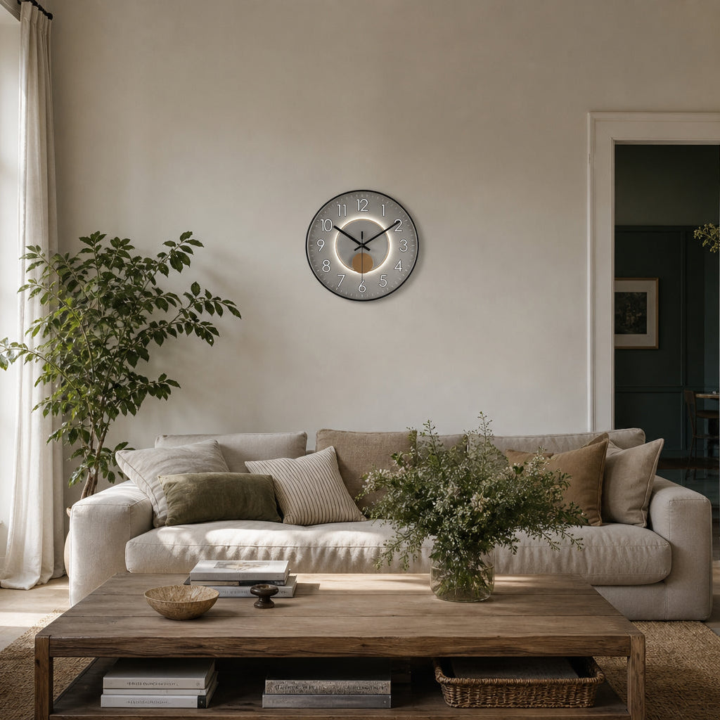 Horloge murale design clair Solaria de Côté Horloge, montre un cadran élégant avec chiffres modernes et aiguilles noires.