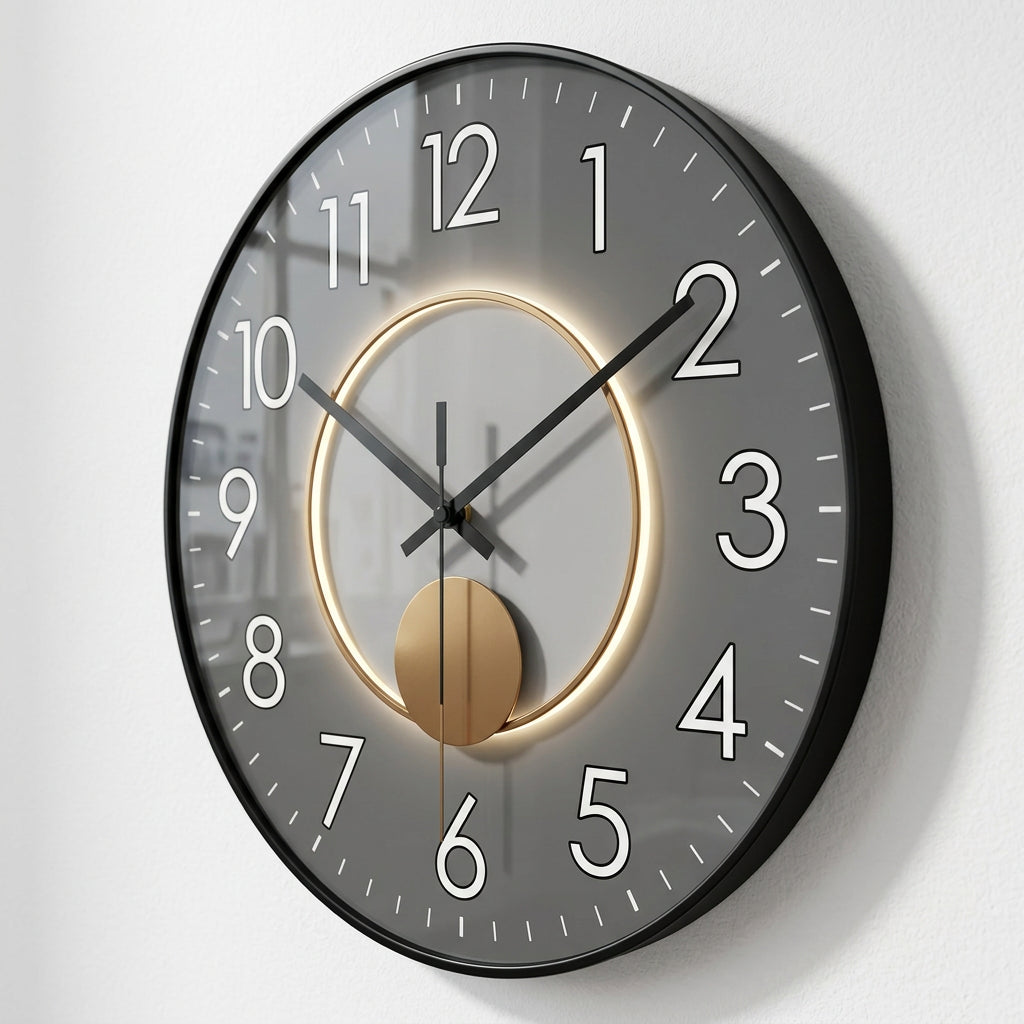 Horloge murale design clair Solaria de Côté Horloge, montre un cadran élégant avec chiffres modernes et aiguilles noires.