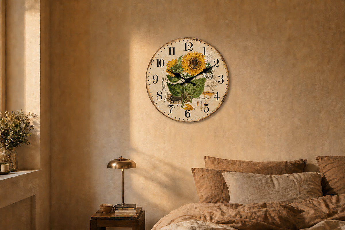 Tournesol, horloge murale vintage motif floral, gros plan sur les tournesols peints