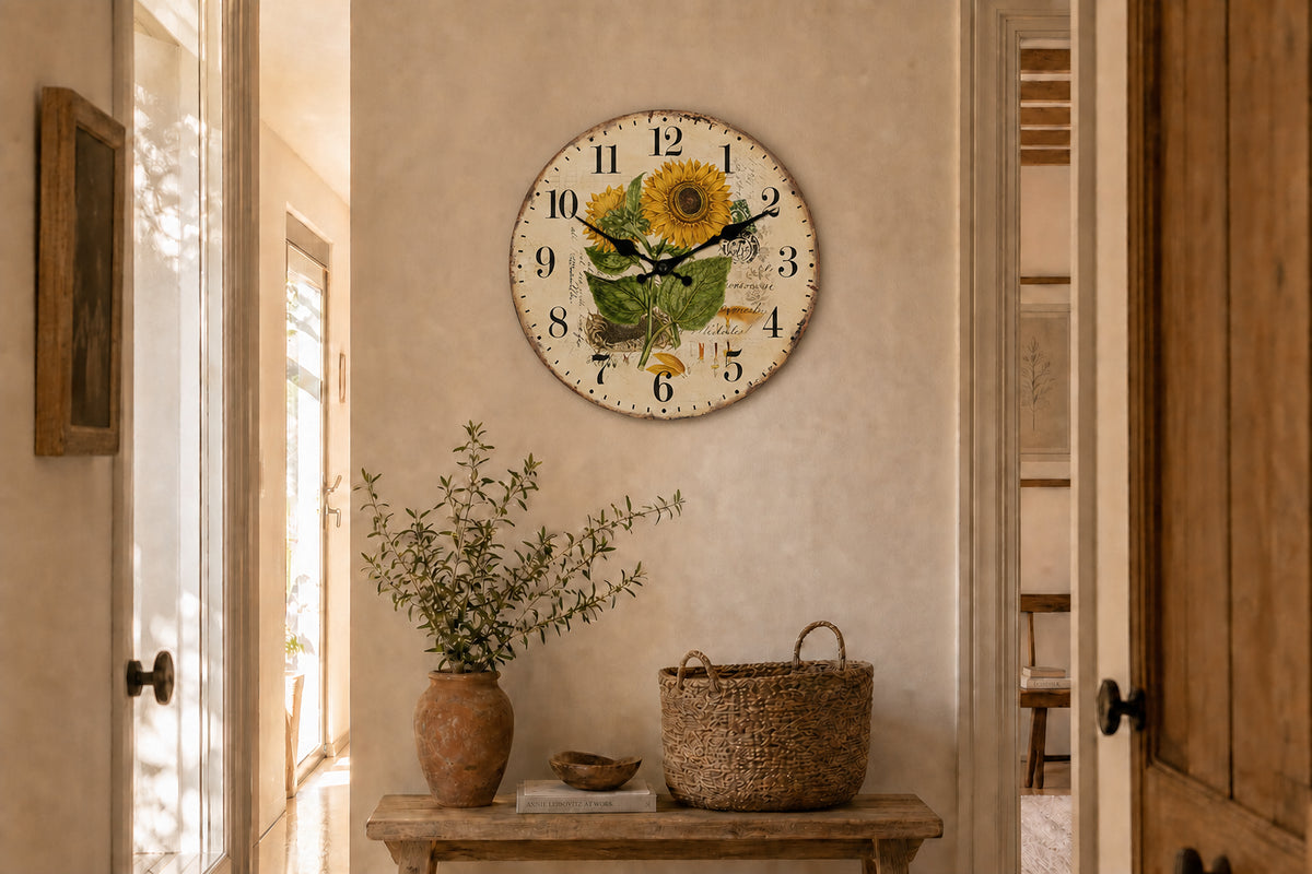 Tournesol, horloge murale vintage motif floral installée dans une cuisine