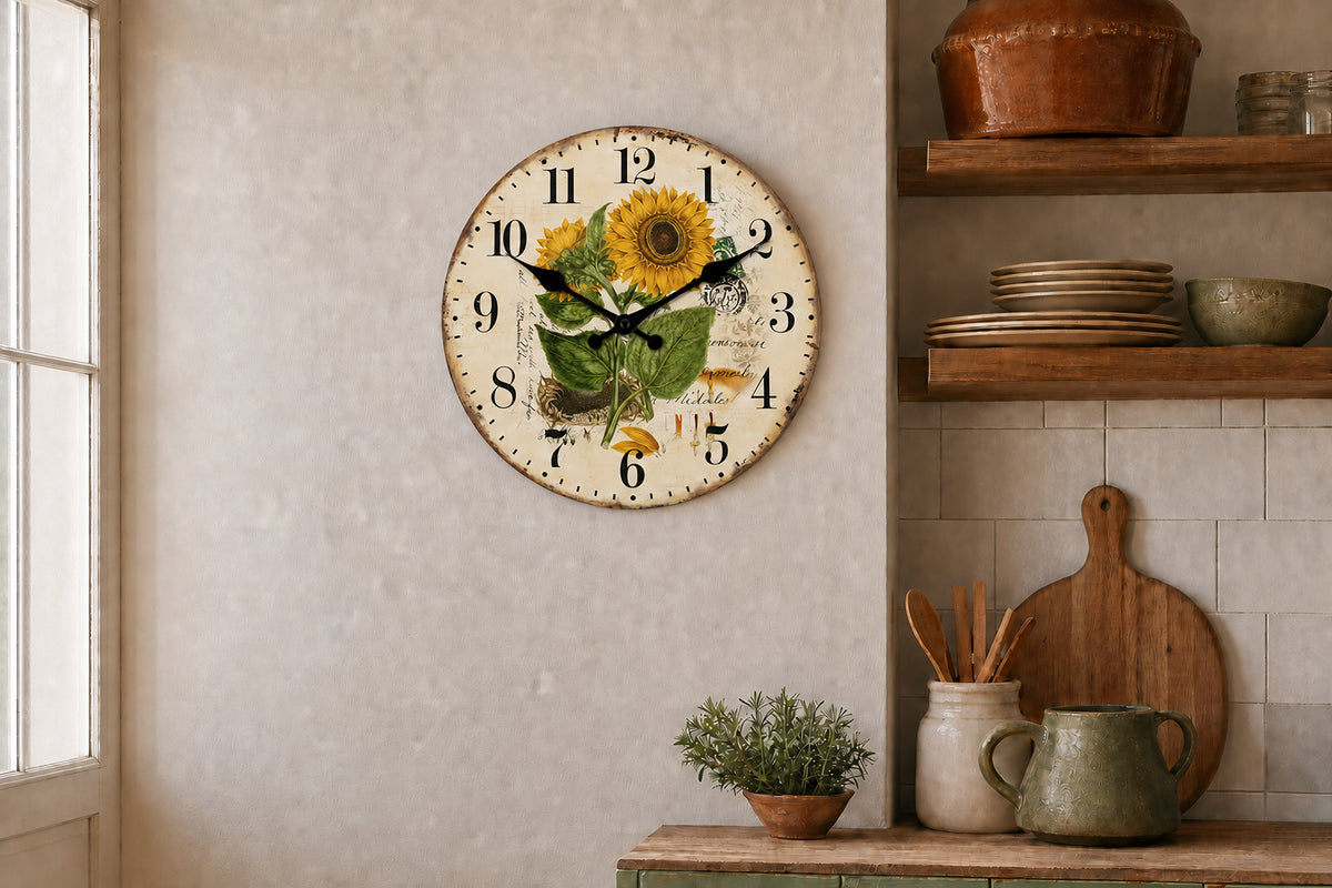 Tournesol, horloge murale vintage motif floral, détail du fond façon papier ancien