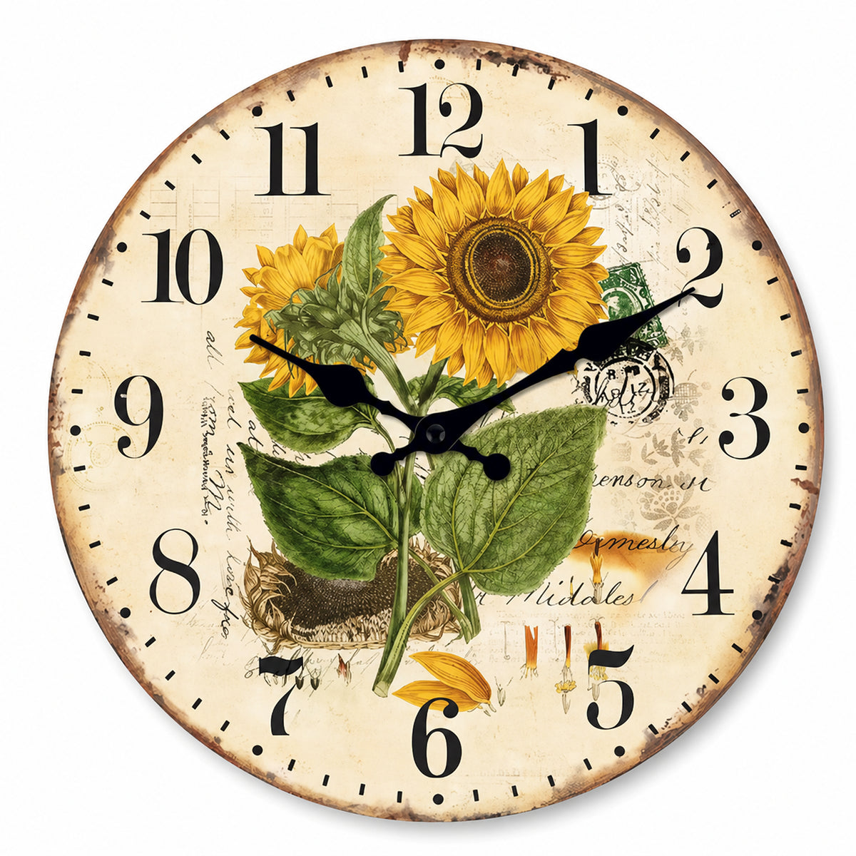 Tournesol, horloge murale vintage motif floral, vue principale du cadran