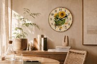 Tournesol, horloge murale vintage motif floral, vue d'ensemble sur mur