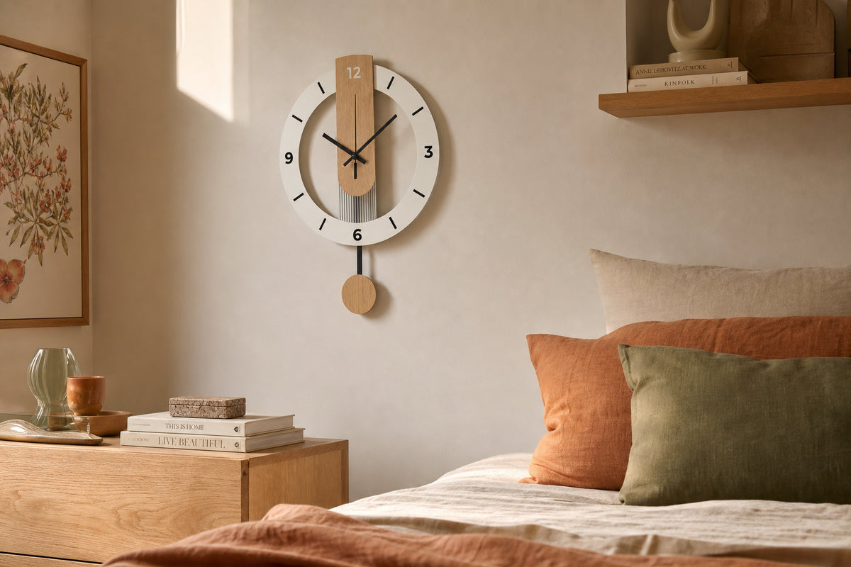 Horloge murale Hygge avec balancier, design scandinave, en bois clair, idéale pour chambre ou salon, par Côté Horloge