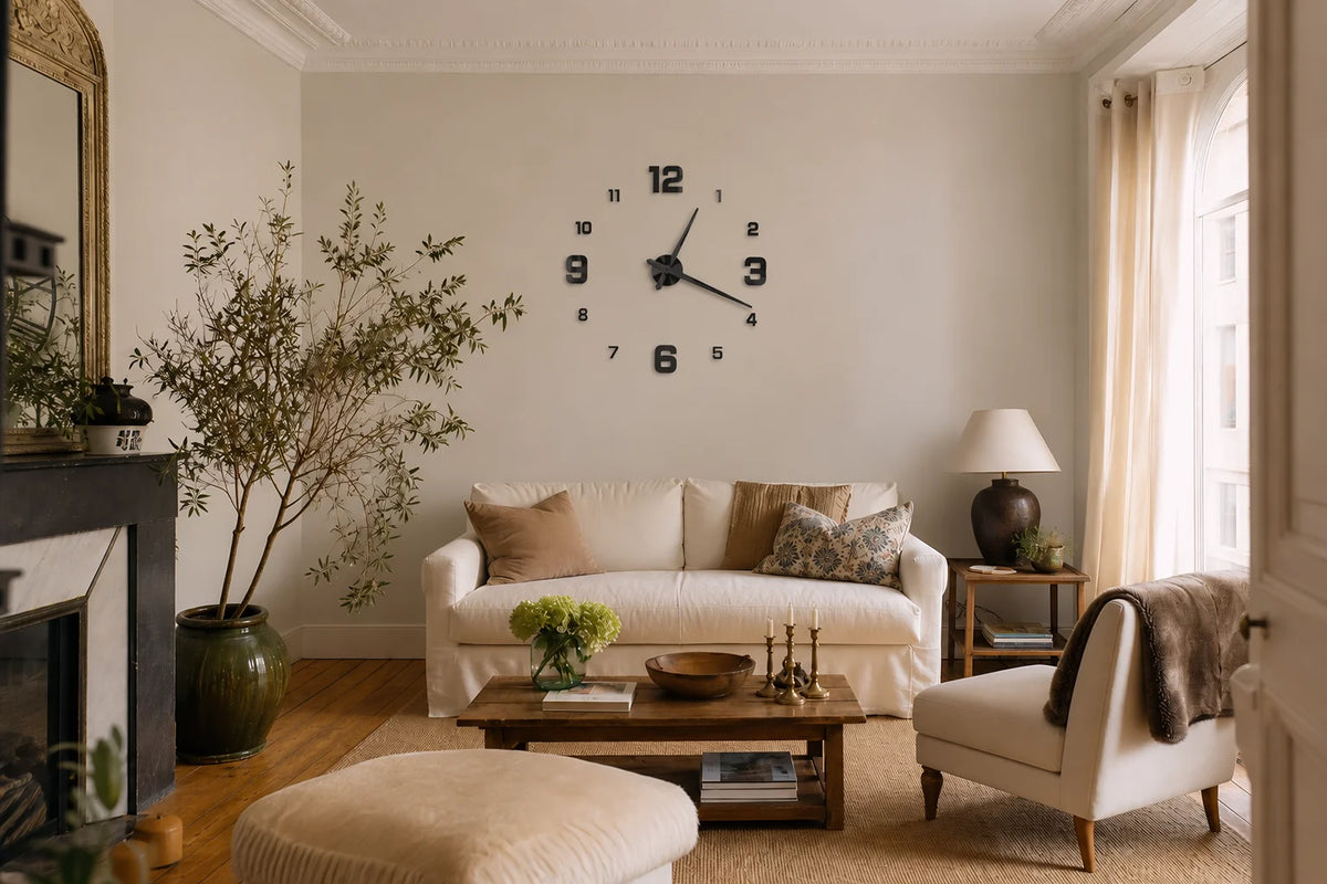 Horloge murale Zénith installée dans un salon, grands chiffres en relief